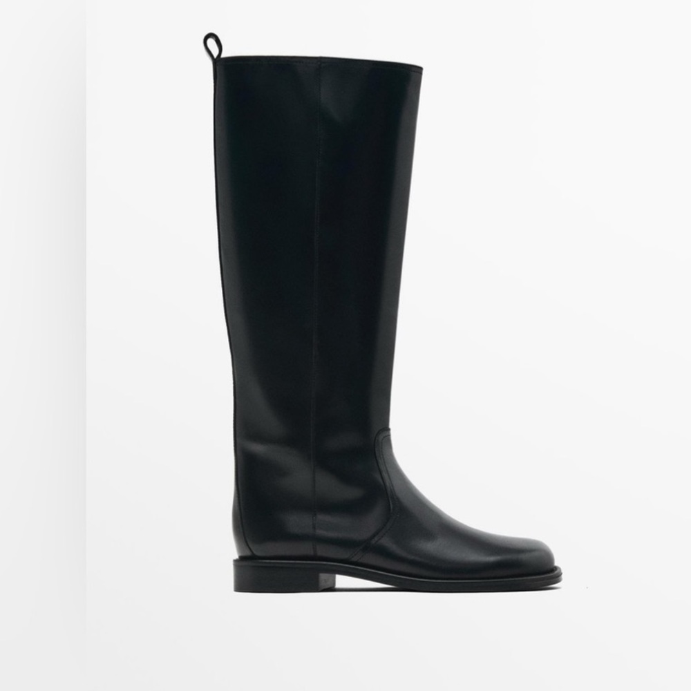 Massimo Dutti Black Leather Knee-High Boots